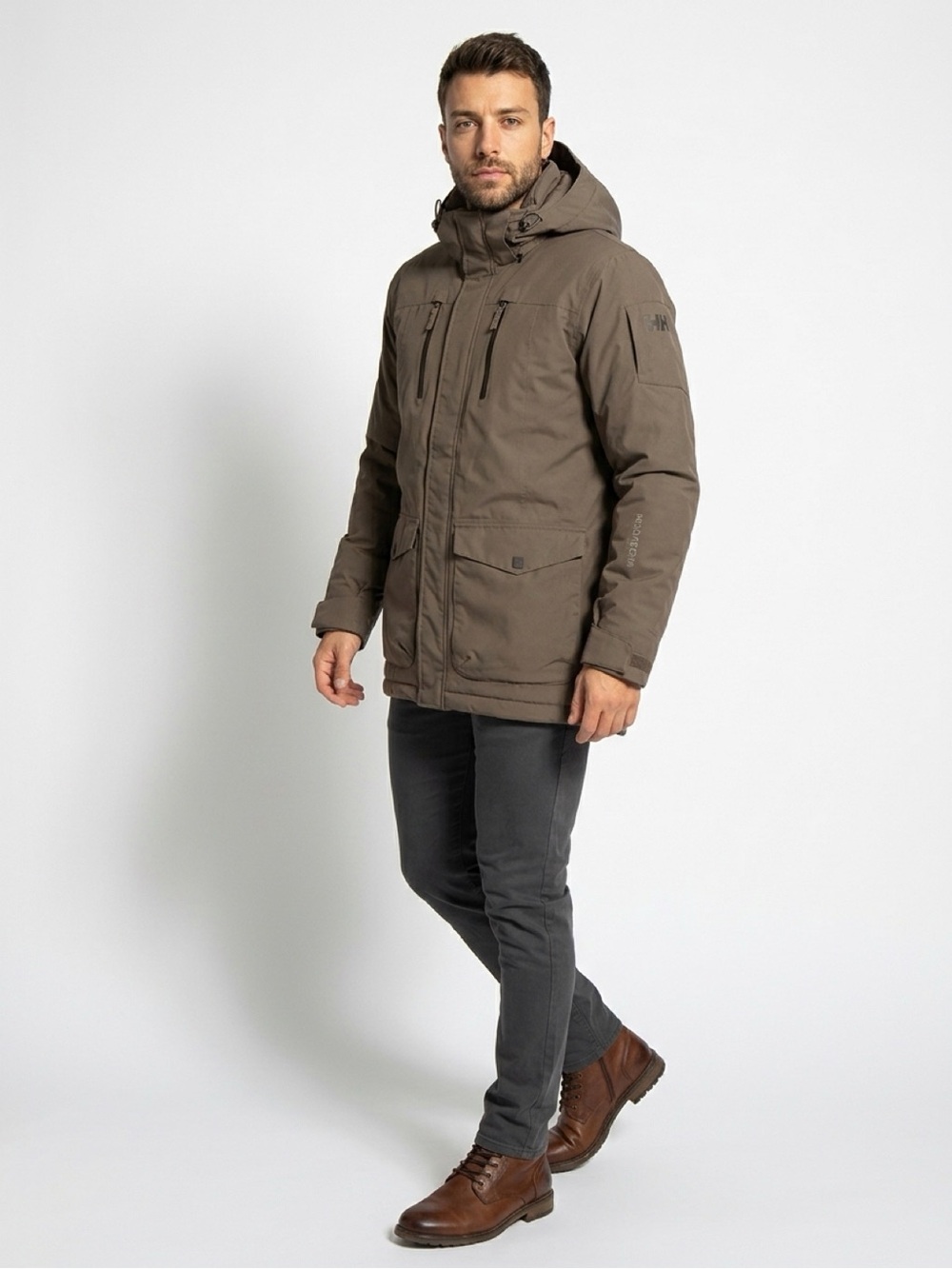 Helly Hansen Men's Hooded Puffer Jacket in Taupe Brown